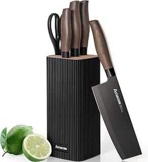 Astercook 6-Piece Knife Block Set - High Carbon Stainless Steel, Ultra Sharp, Wood Grain Handles, Dishwasher Safe, Black