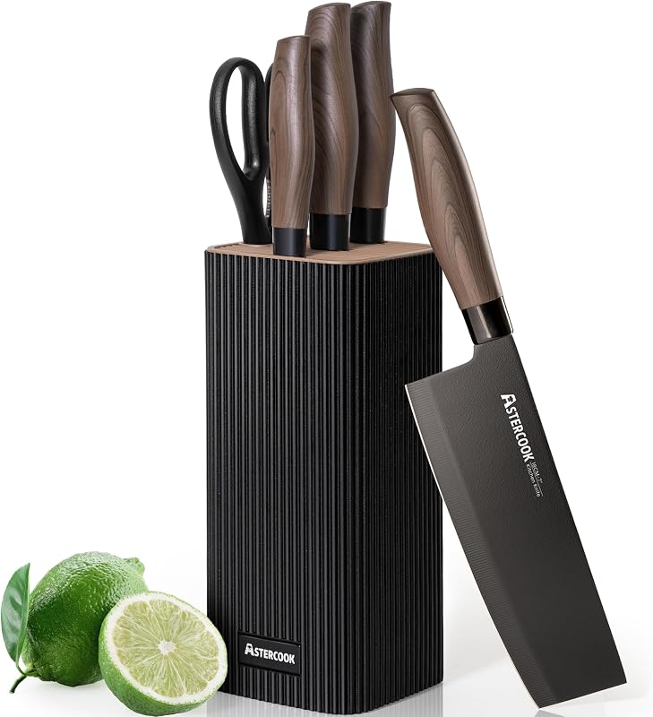 Astercook Knife Set, 6-Piece Kitchen Knife Set with Block, High Carbon Stainless Steel Ultra Sharp Kitchen Knives, Wood Grain Handle, Dishwasher Safe Knife Block Set, Black, Kitchen Utility Knives