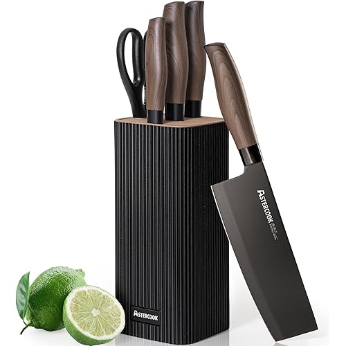 Astercook Knife Set, 6-Piece Kitchen Knife Set with Block, High Carbon Stainless Steel Ultra Sharp Kitchen Knives, Wood Grain Handle, Dishwasher Safe Knife Block Set, Black