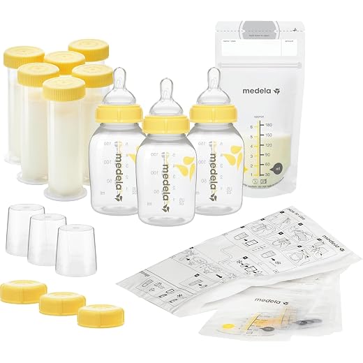 Medela - Set de regalo para lactancia materna, sistema de almacenamiento de leche materna, botellas, pezones, tapas de viaje, bolsas de almacenamiento de leche materna y más, fabricado sin BPA