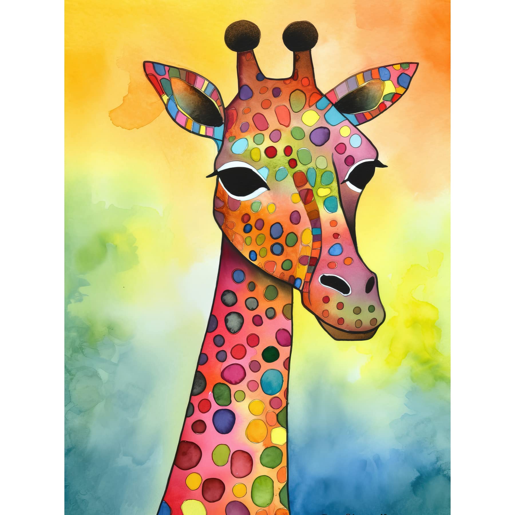Artery8 Giraffe With Multicolour Pattern Folk Art Watercolour Painting Large Wall Art Poster Print Thick Paper 18X24 Inch