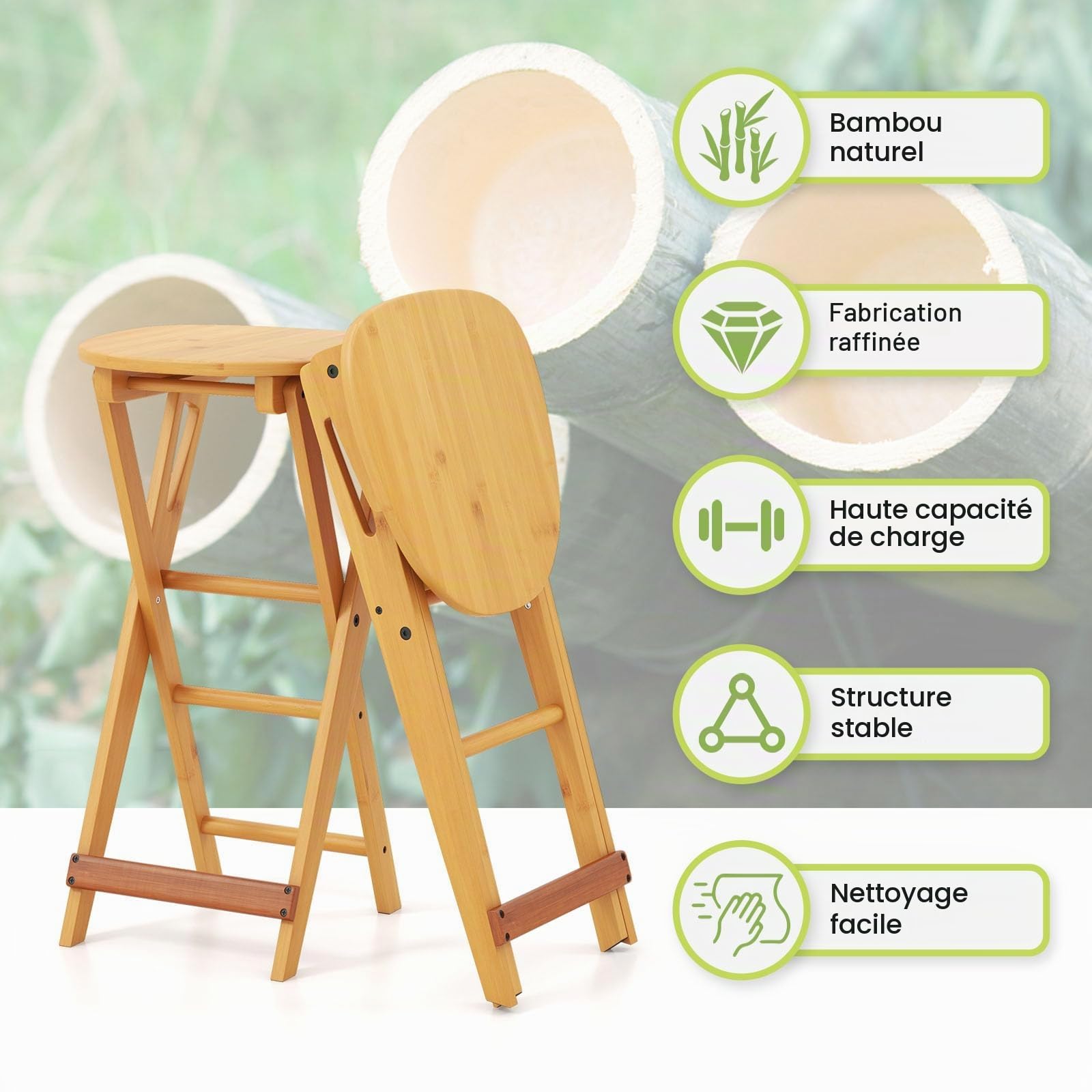 LIFEZEAL Lot de 2 Tabourets de Bar en Bambou Pliable