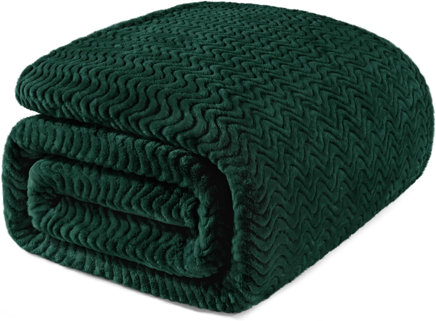 Exclusivo Mezcla Soft Fleece Blanket Twin Size, Cozy Lightweight Blankets with Decorative Wave Textured Suitable for All Season Use, Forest Green, 90x66 Inches