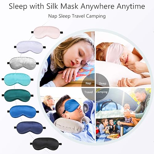 Miniatura 4 de BBTO 8 máscaras para dormir, antifaz de seda para dormir con correa ajustable, máscara opaca para los ojos para dormir, máscara de seda suave para