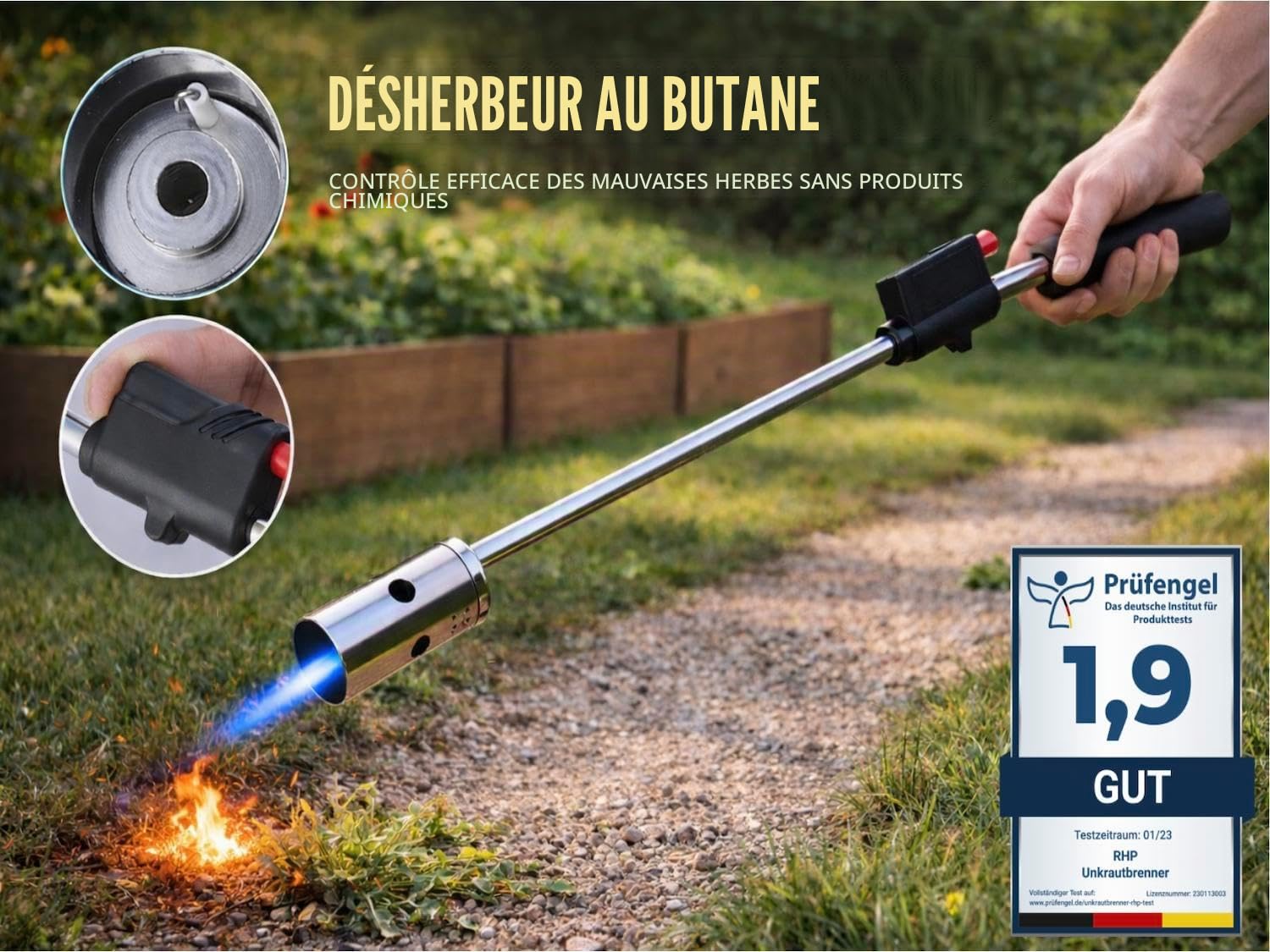 Brûleur à mauvaises herbes RHP 80 cm, avec 4 cartouches de butane 227 g, allumage piézoélectrique, flamme 1000 °C