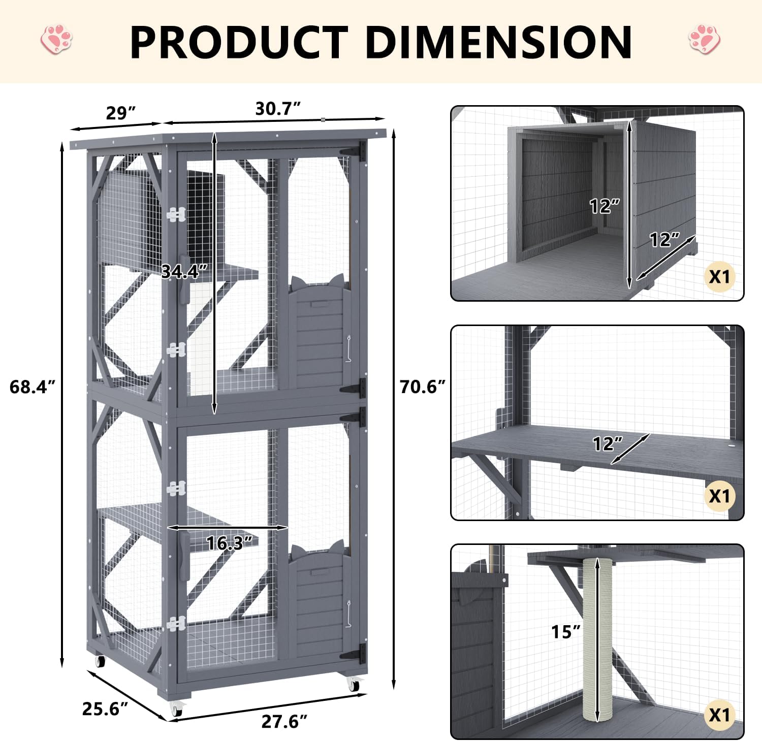 Cat House Catio Outdoor Enclosure Window, 71" Large Outside Patio Wooden Cat Cage with Wheels, Resting Box, Waterproof Roof (Gray, 70")