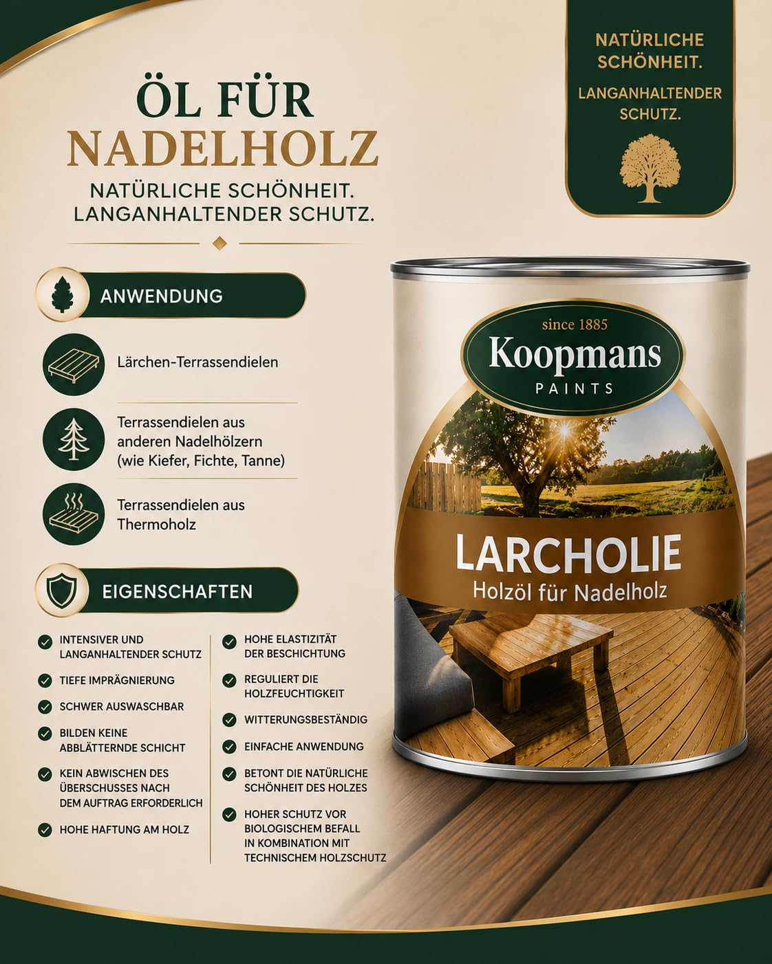Koopmans Larcholie Holzöl Naturteak – 5 L für Nadelholz und Thermoholz Terrassenöl Holzschutz wetterfest tiefenwirksame Imprägnierung