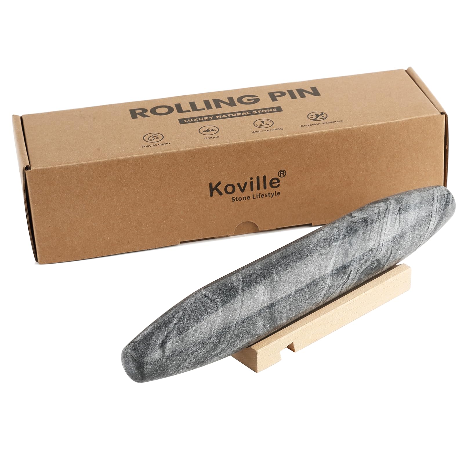 Koville Mattarello francese in marmo grigio naturale africano, mattarello antiaderente da 30,5 cm per cottura, rullo per pasta, gnocchi, fondente, torta, pane, pizza, utensili da cucina