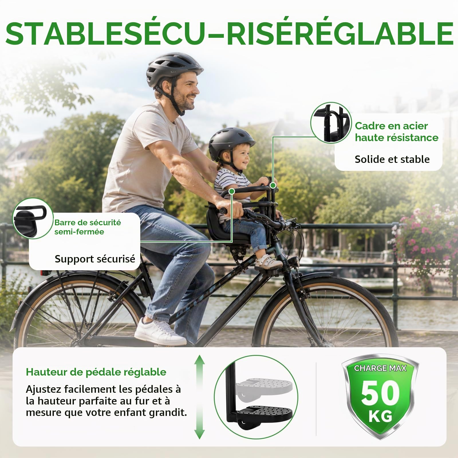 Siege Velo Enfant Avant, Siège Vélo Enfant Angle du Siège Réglable | avec Accoudoirs et Repose-pieds, Siège Bébé Avant pour VTT, Vélos de Ville et Vélos Pliants
