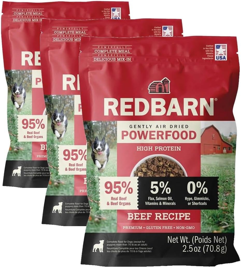 Redbarn Powerfood Air Dried Dog Food - 95% Beef & Beef Organs - High Protein Grain-Free Premium Dog Food or Topper Made in USA with Omega 3 Salmon Oil Flaxseed - 7.5 oz