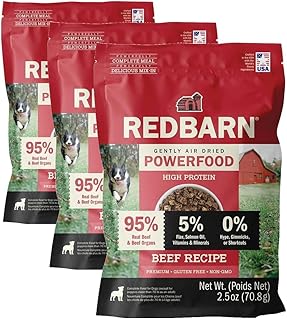 Redbarn Powerfood Air Dried Dog Food - 95% Beef & Beef Organs - High Protein Grain-Free Non-GMO Premium Dry Full Feed or Topper Made in USA with Omega 3 Salmon Oil Flaxseed - 2.5 Ounce (Pack of 3)
