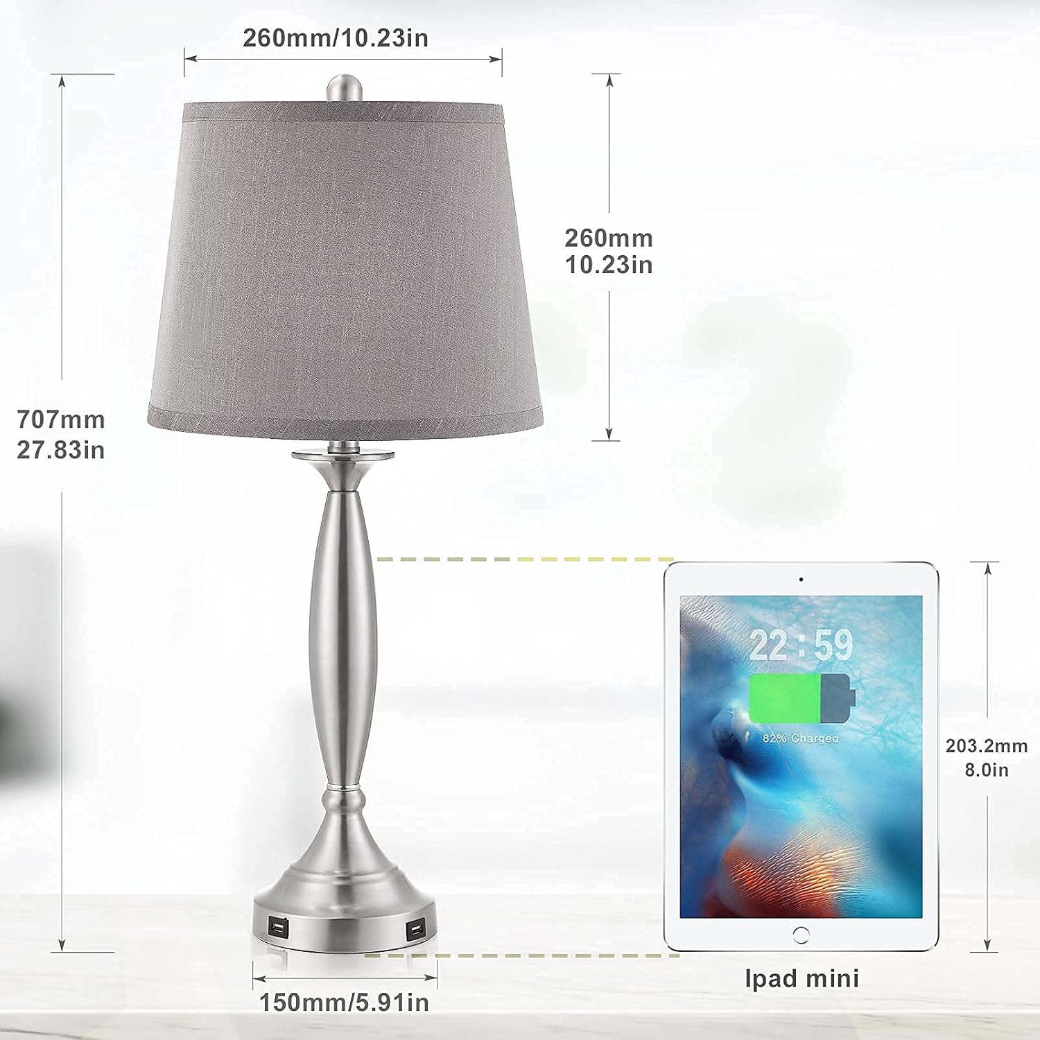 Modern USB Table Lamp Set of 2 - Seealle 27.9" Table Lamps for Living Room Table Top with USB Ports Matte Nickel Body Bedside Lamp Set of 2 with Grey Drum Lampshade for Bedrooms Coffee Table End Table - - 