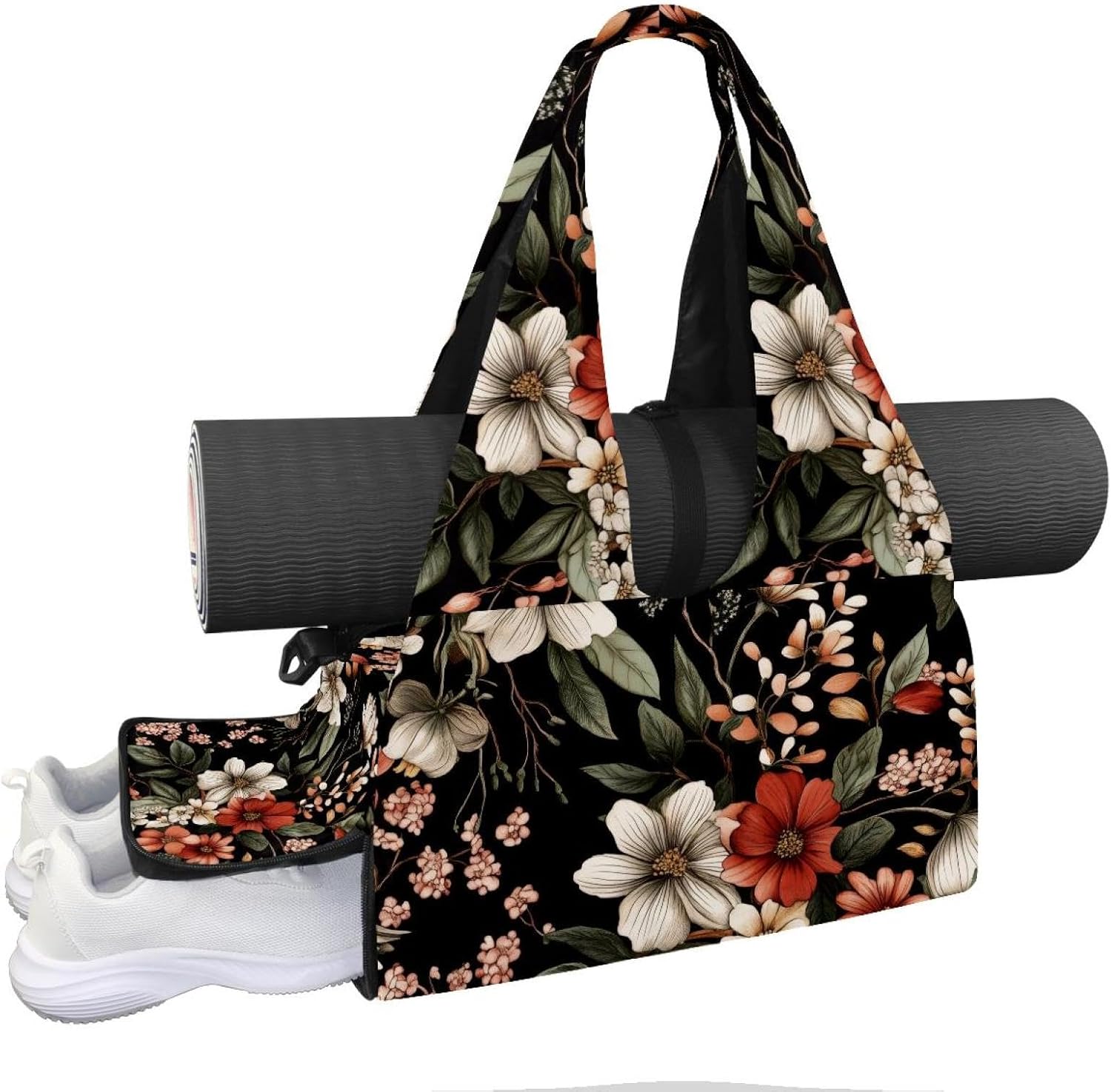 Gym Bag for Women, Tropical Flower Yoga Mat Bag with Shoe Compartment, Sport Yoga Gym Bag with Yoga Strap, Carryall Yoga Tote Bag
