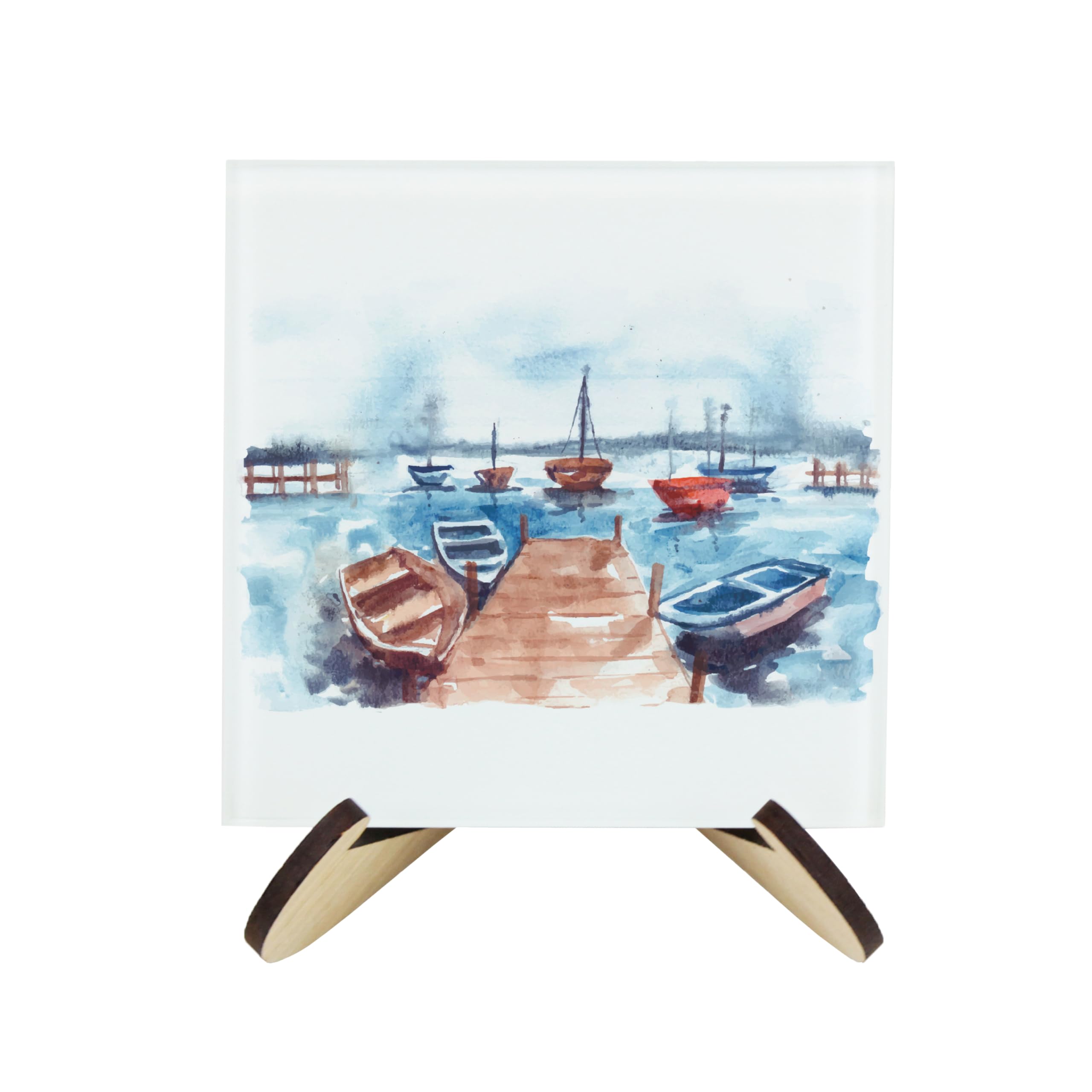 Purely Home Seaside Boats Coaster Set - Square Glass Painted Sailing/Row Boats - Set Of Four (4) Coasters & Wood-Effect Stand