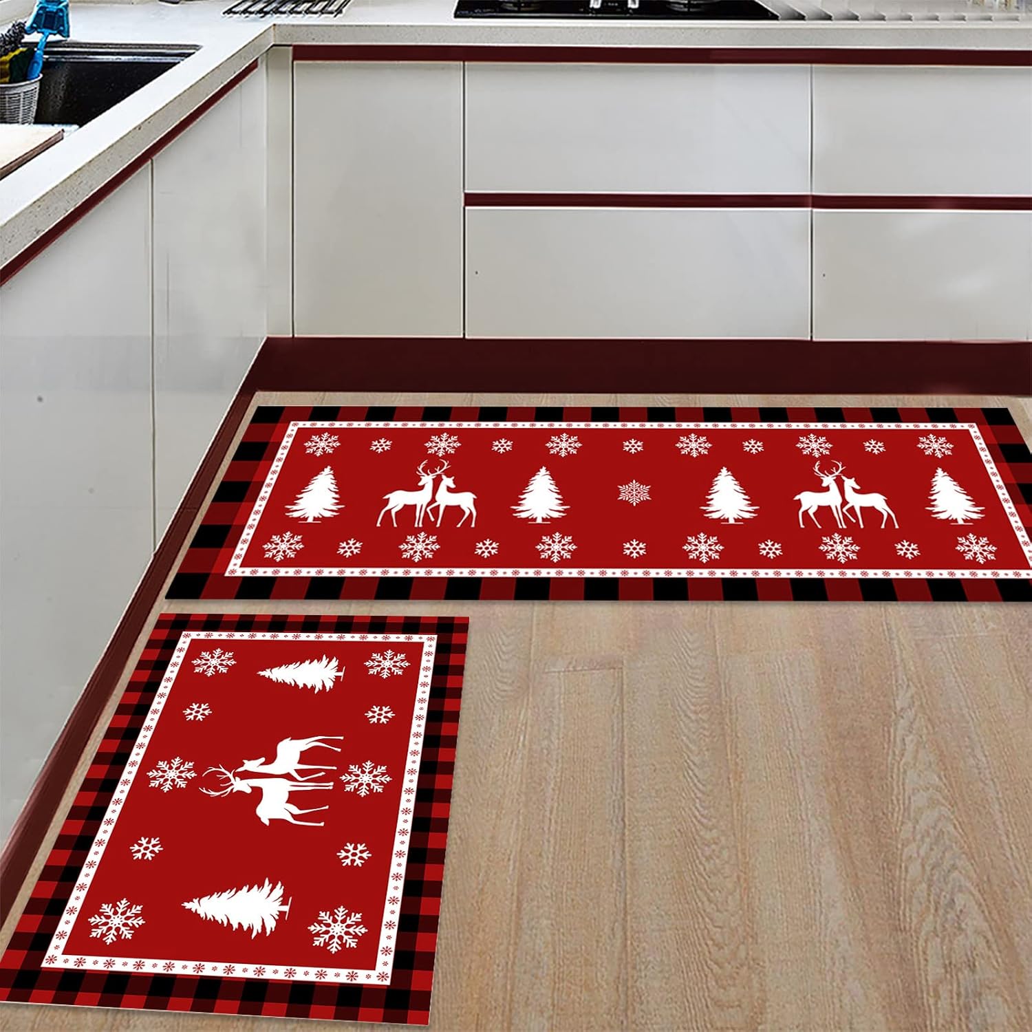 Kitchen Mat 2PCS Winter Snowflake Elk Reindeer Red Buffalo Plaid Christmas Kitchen Rugs Kitchen Organization, Anti-Fatigue Kitchen Floor Mats Kitchen Decor Runner Rug Room Decor Standing Desk Mats