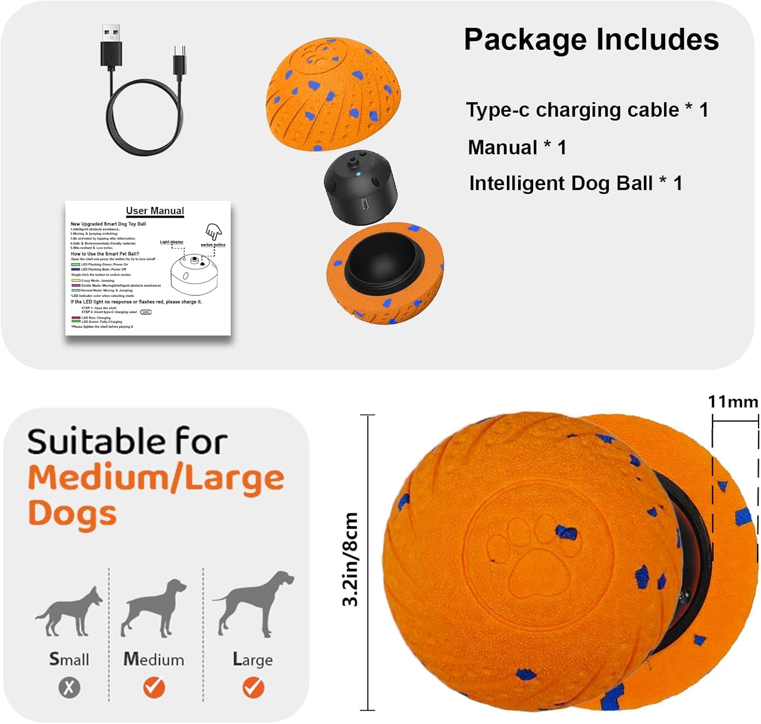 Jouets interactifs pour chien : balle intelligente pour chien – rebondissement automatique, vibration et action de saut ! Design Duraspin durable pour les mâcheurs agressifs. Rechargeable et durable