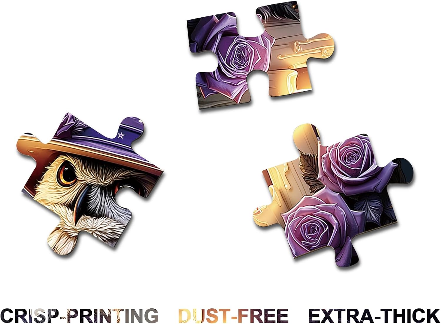 Halloween Magic Owl Flower Puzzles for Adults 1000 Pieces, Funny Bird Floral Art Jigsaw Puzzles, Impossible Challenging Witch Hat Rose Puzzle
