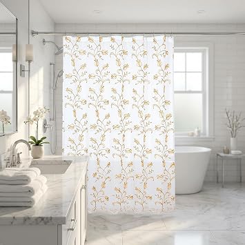 Serafina Home Semi Sheer Floral Fabric Shower Curtain Two Toned Gold and Peach Embroidered Flower Leaf Design with Metallic Threading Beige/Coral