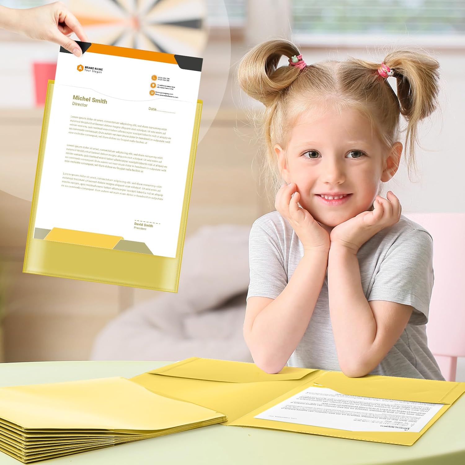 Henoyso 48 Pack 2 Pocket Parent-Teacher Communication Folders with School Bus Folder Labels, Stay-Put Tabs, Clear Front Pocket Plastic Folder for School Classroom Teacher Supplies(Yellow)