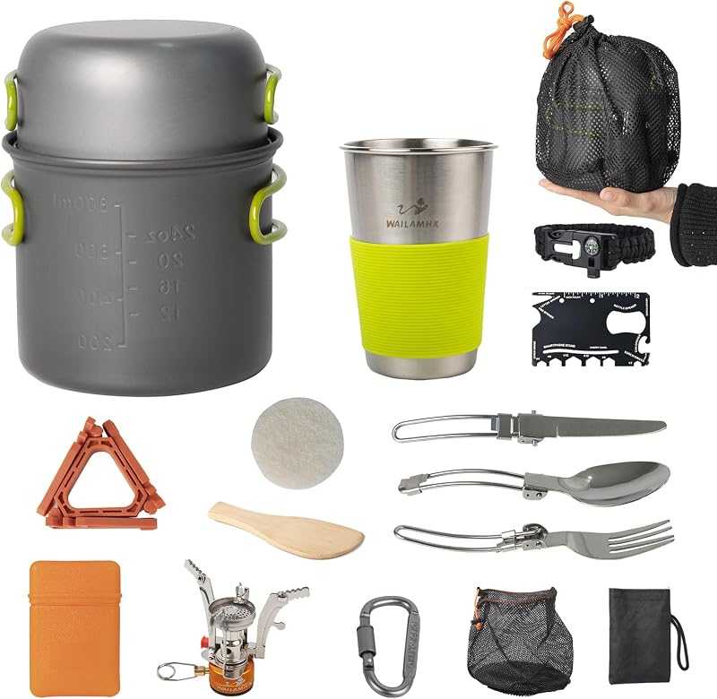 Juego de utensilios de cocina para acampar, juego de cocina para mochila de 16 piezas, juego de ollas y estufas ligeras para acampar para 1-2 personas, equipo de cocina para exteriores ideal para acampar, senderismo, mochilero y picnic