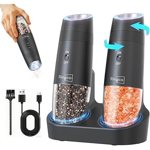 Ringco Gravity Electric Salt and Pepper Grinder Set with Charging Base, Automatic Gravity Salt and Pepper Mill with Adjustable Coarseness, LED Light, 135ml Large Capacity, Christmas Gift