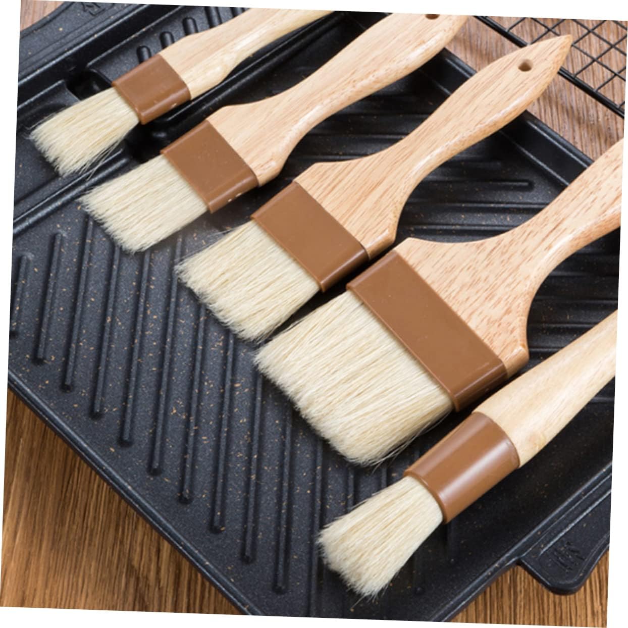 KICHOUSE 4pcs Food-grade Wood Handle Wool Brush for Baking Barbecue Includes Small Medium Large Round Lengthened Basting Oil Brushes Kitchen Utensils Utility Hanging
