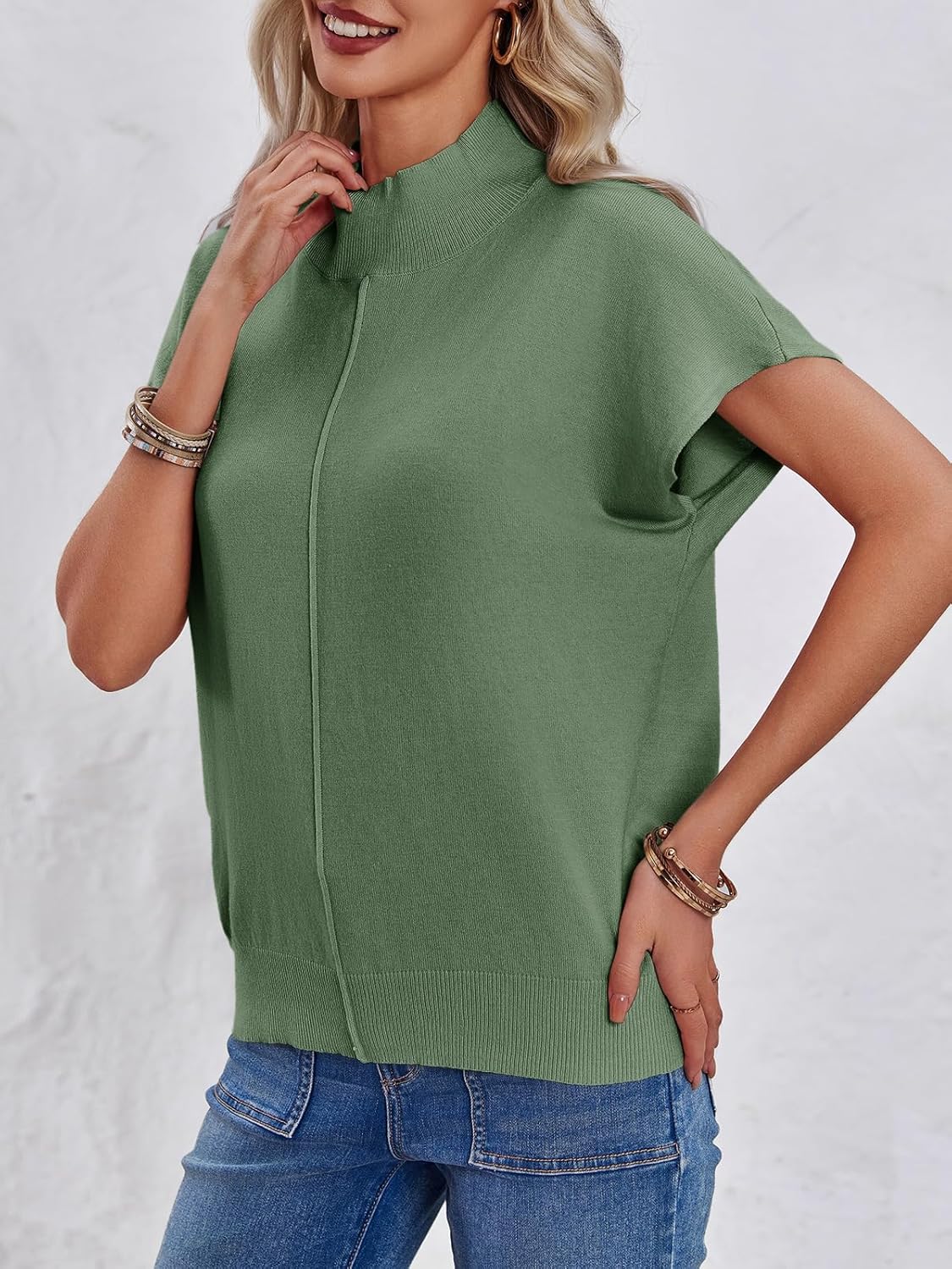 Saodimallsu Womens Summer Cap Sleeve Tops Mock Neck Knit Sweater Vest Sleeveless Work Elegant Shirts - Image 2