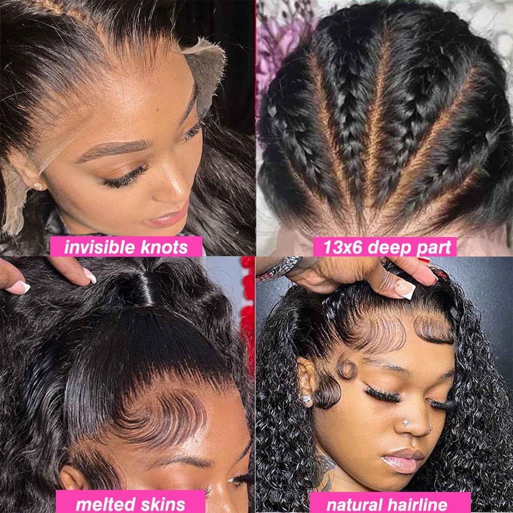 VIPbeauty 13x6 Deep Wave Lace Front Wigs Human Hair 200 Density 28 Inch Curly Wig for Women Natural Black HD Transparent Lace Glueless Frontal Wigs Human Hair Pre Plucked with Baby Hair
