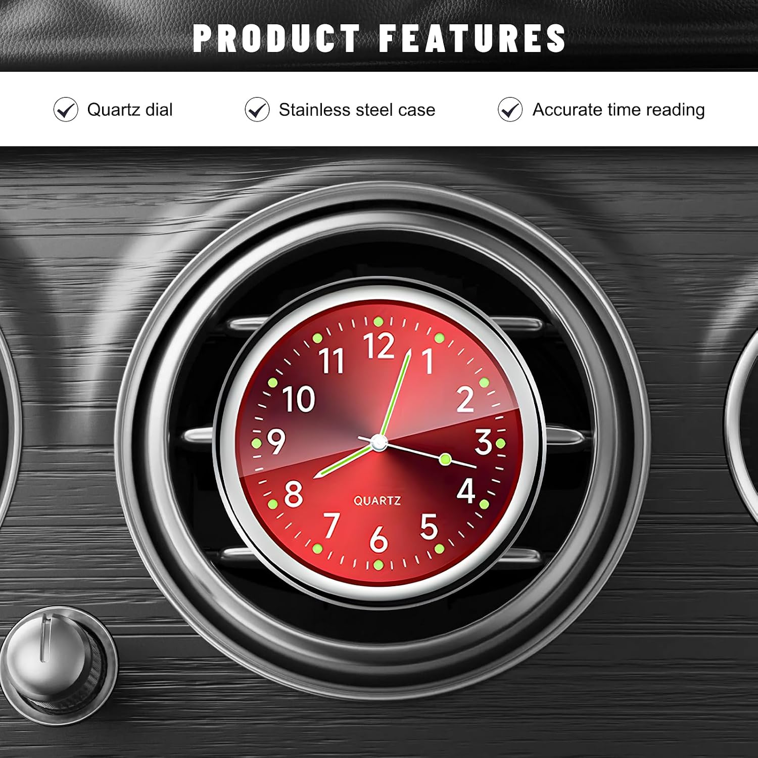 2 PCS Stick on Dashboard Car Clock, Night Luminous Clocks Mini Automotive Air Vent Watches, High Precision Quartz Clock for Vehicle Home Office, Interior Car Accessories (Red+Black)