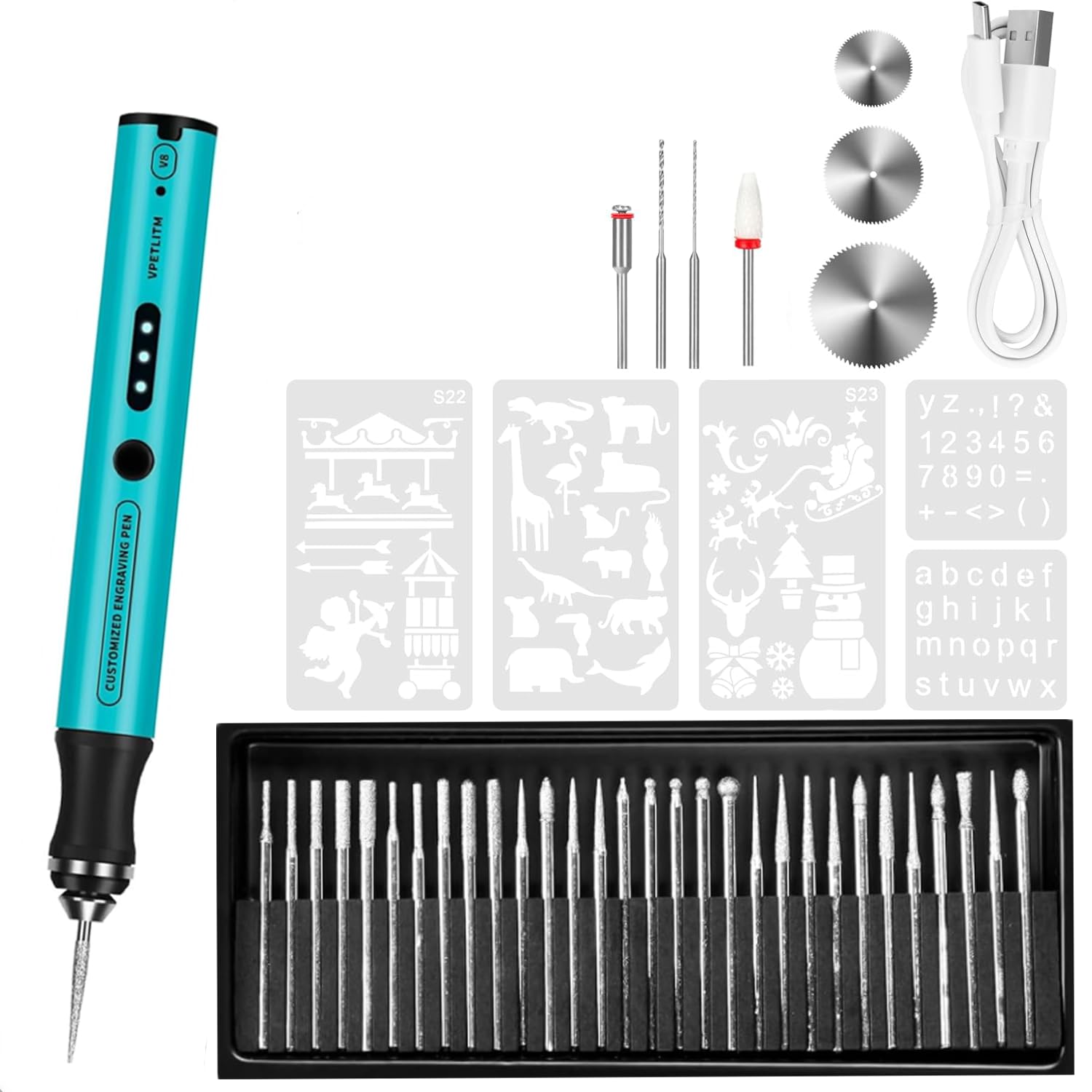 Cordless Engraving Pen, 3-Speed Electric Engraving Tool Kit, Engrave 50+ Surfaces, with 30 Small Drill bits, 7 Grinding Accessories and 5 Engraving Templates, USB Charging for Wood Resin Stone Jewelry