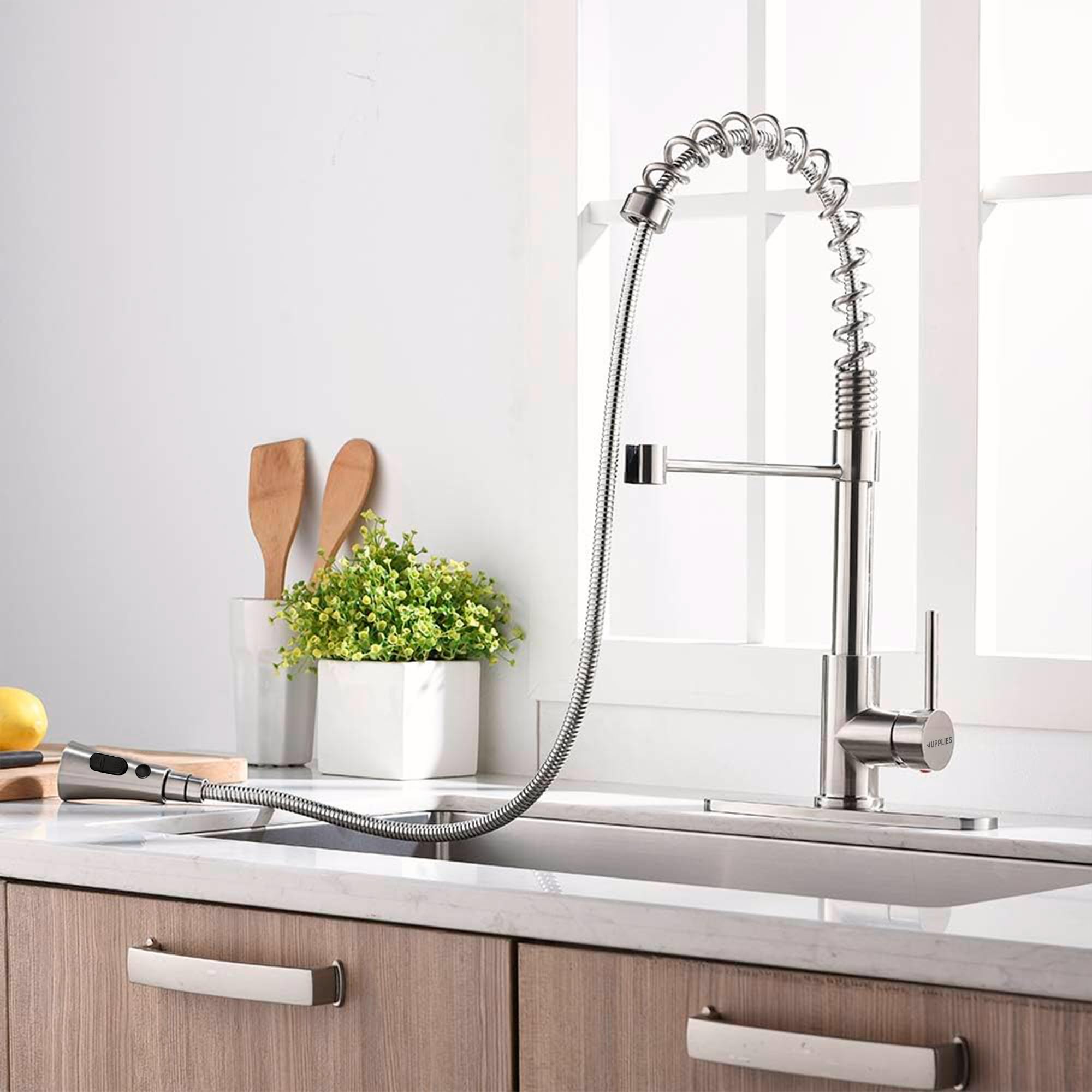 JUPPLIES Grifo Cocina Extraible Profesional – Acero Inoxidable, 360°, Diseño con Resorte, 2 Modos de Agua, Grifo Fregadero Cocina Extraíble, Fácil Instalación, Grifos Cocina Modernos
