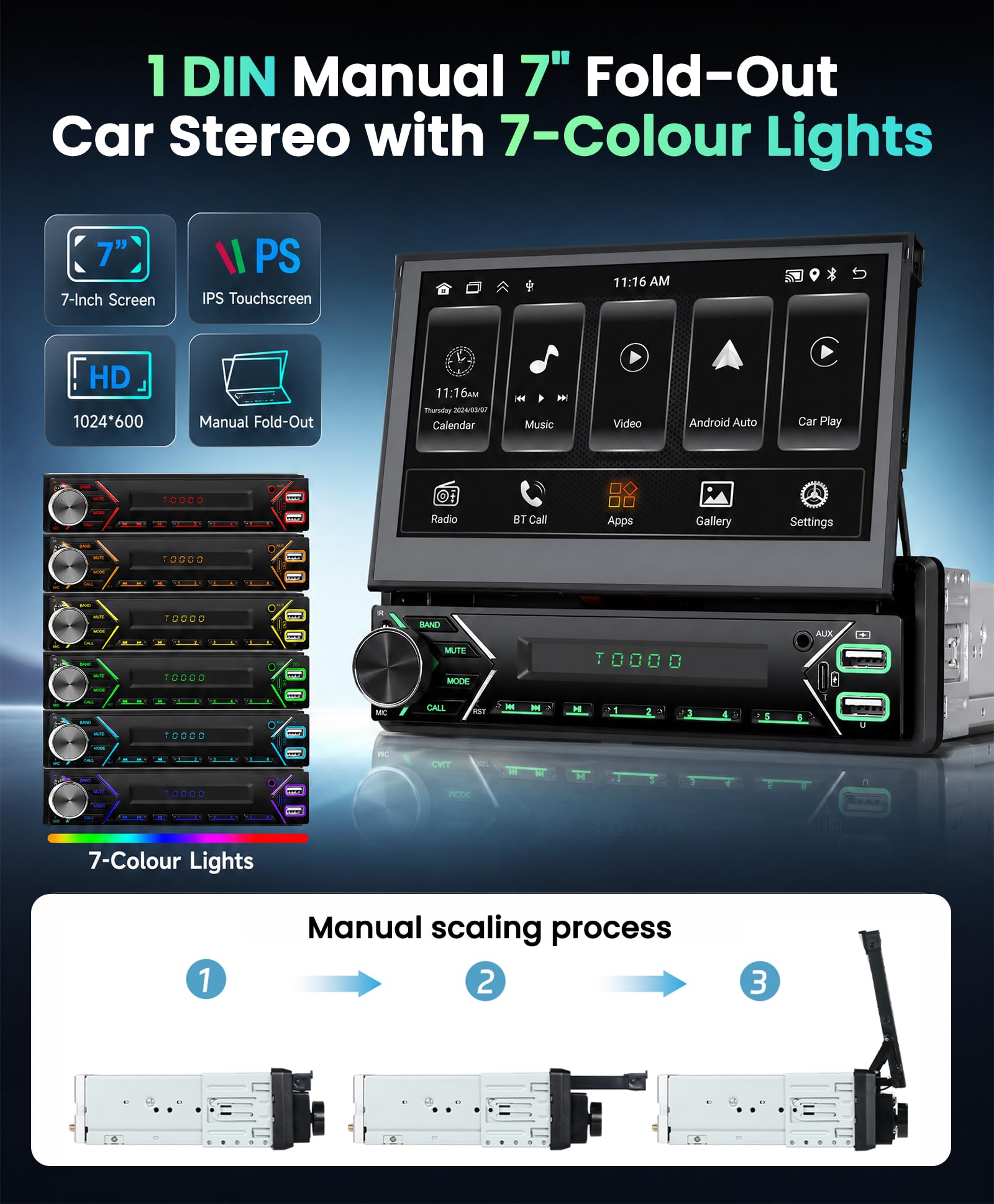 SIXWIN 2+64G Android 13 1 DIN Radio con Pantalla, 7 Pulgadas Radio Coche Pantalla Extraible Manual con Carplay/Android Auto/WiFi/GPS/Bluetooth/Mandos Volantes/FM/RDS/USB/Type-C/Aux