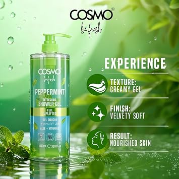 Cosmo Be Fresh Peppermint Refreshing Shower Gel with Aloe & Vitamin E - 33.81 fl.oz, 1000ml, Feel Uplifted Gel Douche, Cooling & Hydrating Body Wash for Men & Women