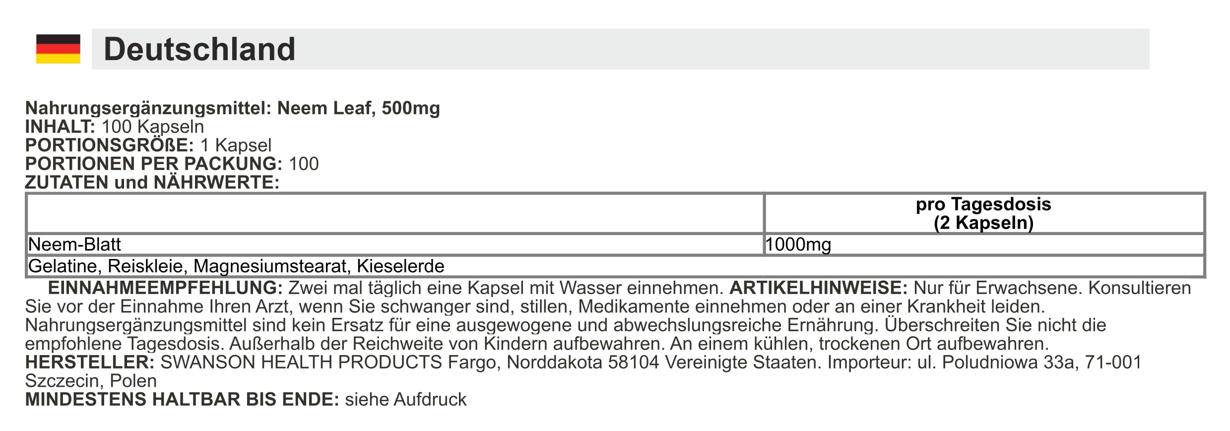 Swanson - Foglia di Neem, 500mg | Salute immunitaria e della pelle - 100 Capsule