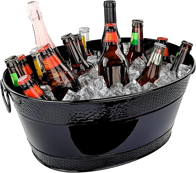 BREKX Colt Black Galvanized Beverage Tub with Handles, 16-Bottle Metal Bucket Ice Cooler to Chill Drinks, Oval Metal Basket for Drinks or Storage Bin - 15 Quarts (4 Gallon)