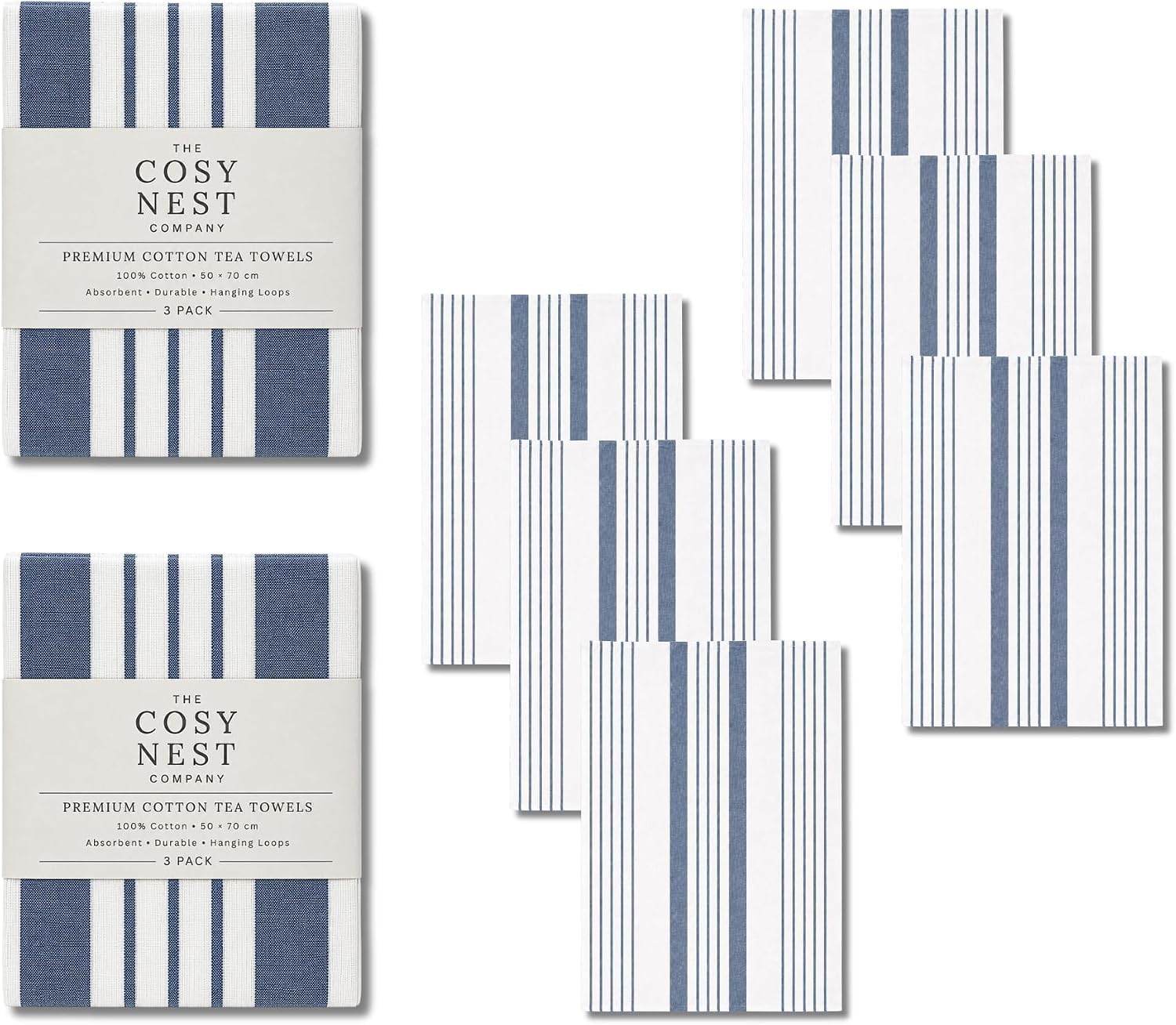 The Cosy Nest Company Cotton Tea Towels for Kitchen, Blue Stripe, 6 Pack