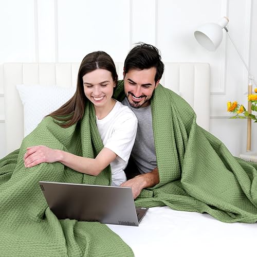 Miniatura 7 de PHF Manta de tejido de gofre 100% algodón, tamaño Queen de 90 x 90 pulgadas, ligera, lavada, suave, transpirable, para todas las estaciones, capa de