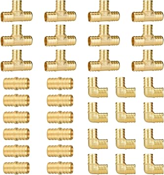 SUNGATOR 36-Pack 3/4" PEX Fittings, 12 Each Elbow Tee Coupling, No Lead Brass Pex Fittings 3/4 Inch Assortment, UPC, NSF Certified