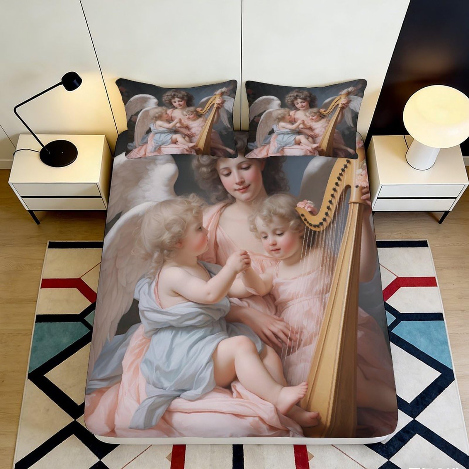 3D Printed Renaissance Angel Fitted Sheet Microfiber Soft Art Bedroom Decor Baroque Cherub Mattress Cover 90x200x25cm