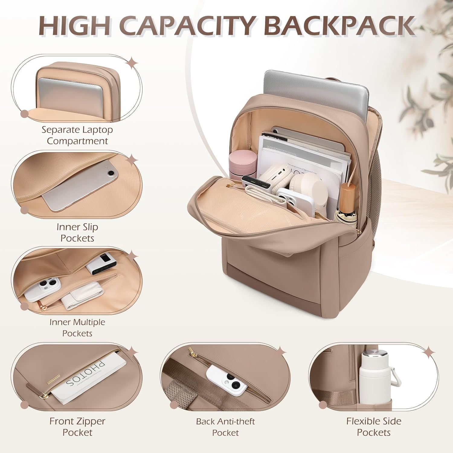 Laptop Backpack for Women - Business Travel Anti Theft Laptop Bag Backpack Water Resistant College Computer Backpacks for Men Women Fits 15.6 Inch Notebook (Brown) - Image 4