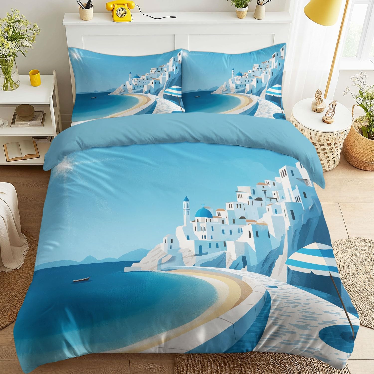 Parure de lit 160x200 cm bâtiments côtiers en microfibre avec housse de couette et taies d'oreiller