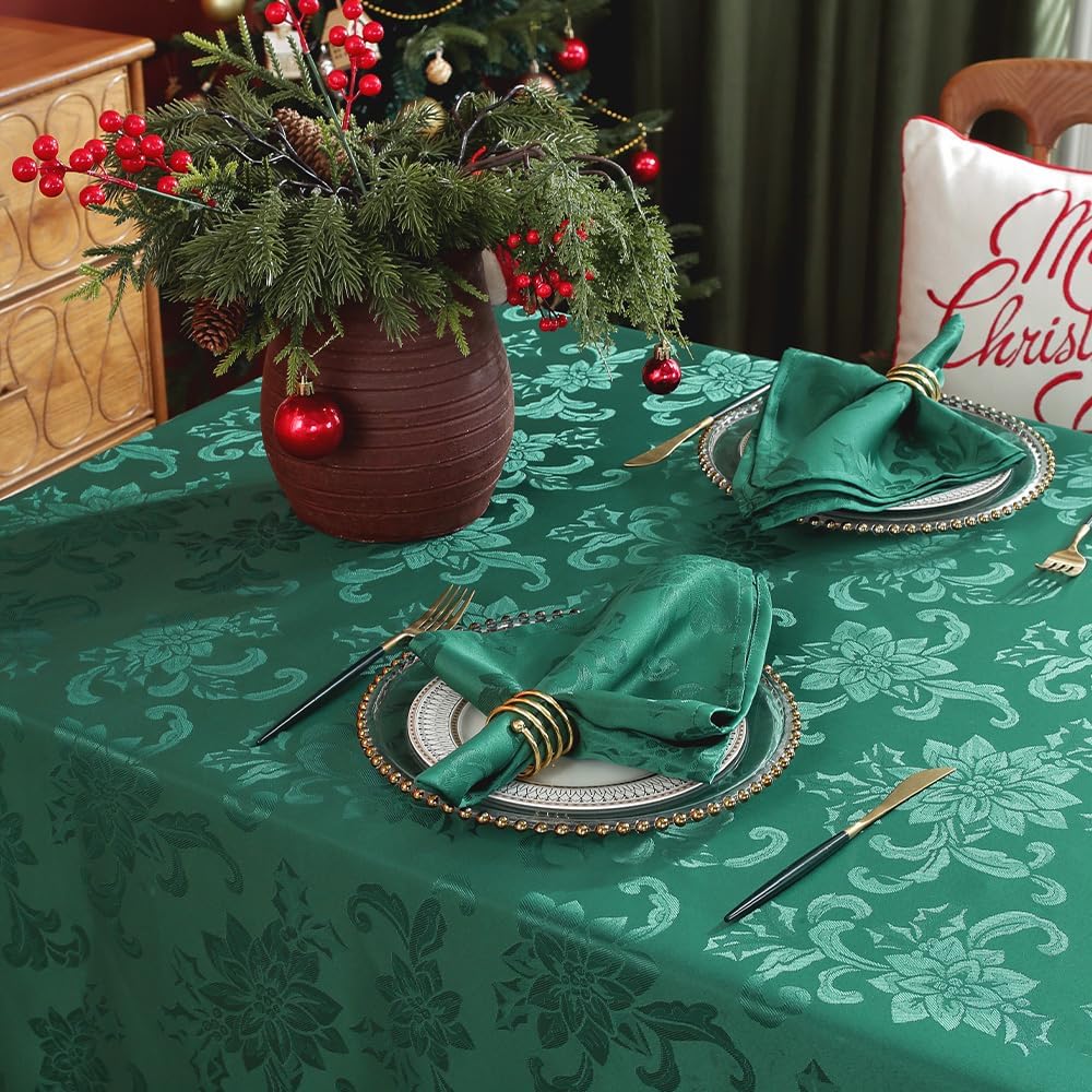 MATIRUG Christmas Tablecloths Rectangle 60x102 Inch,Spillproof Wrinkle Free Poinsettia Jacquard Fabric Table Cloth,Holiday Xmas Winter Fabric Table Cover for Decoration Dinning Party Banquet,Green