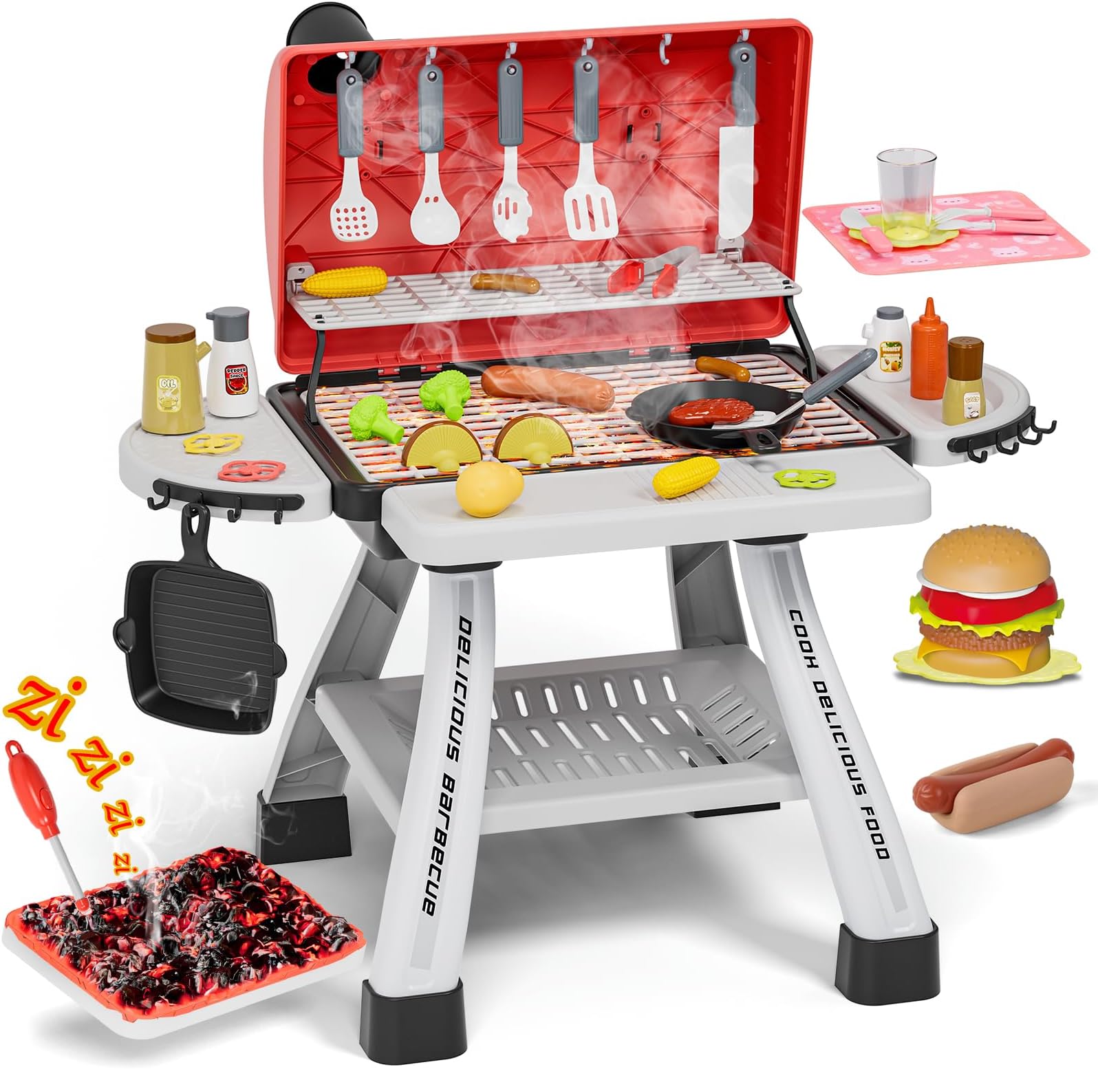 Kids Toys Kitchen Playset, BBQ Grill Playset with Smoke, Sound & Light, Toy Grill for Kids, Pretend Play Food Hamburger, Interactive Toys Barbecue Cooking Game for Toddlers Boys Girls 3-5