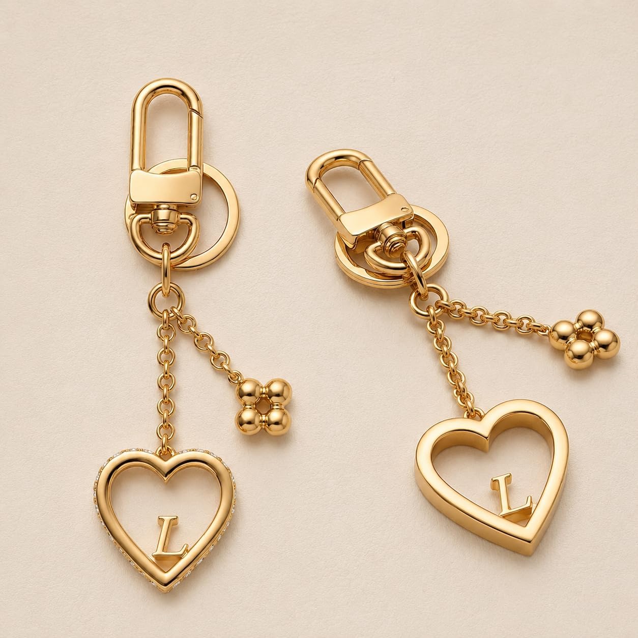 Gold Metal Keychain with Heart Charm and Flower Detail