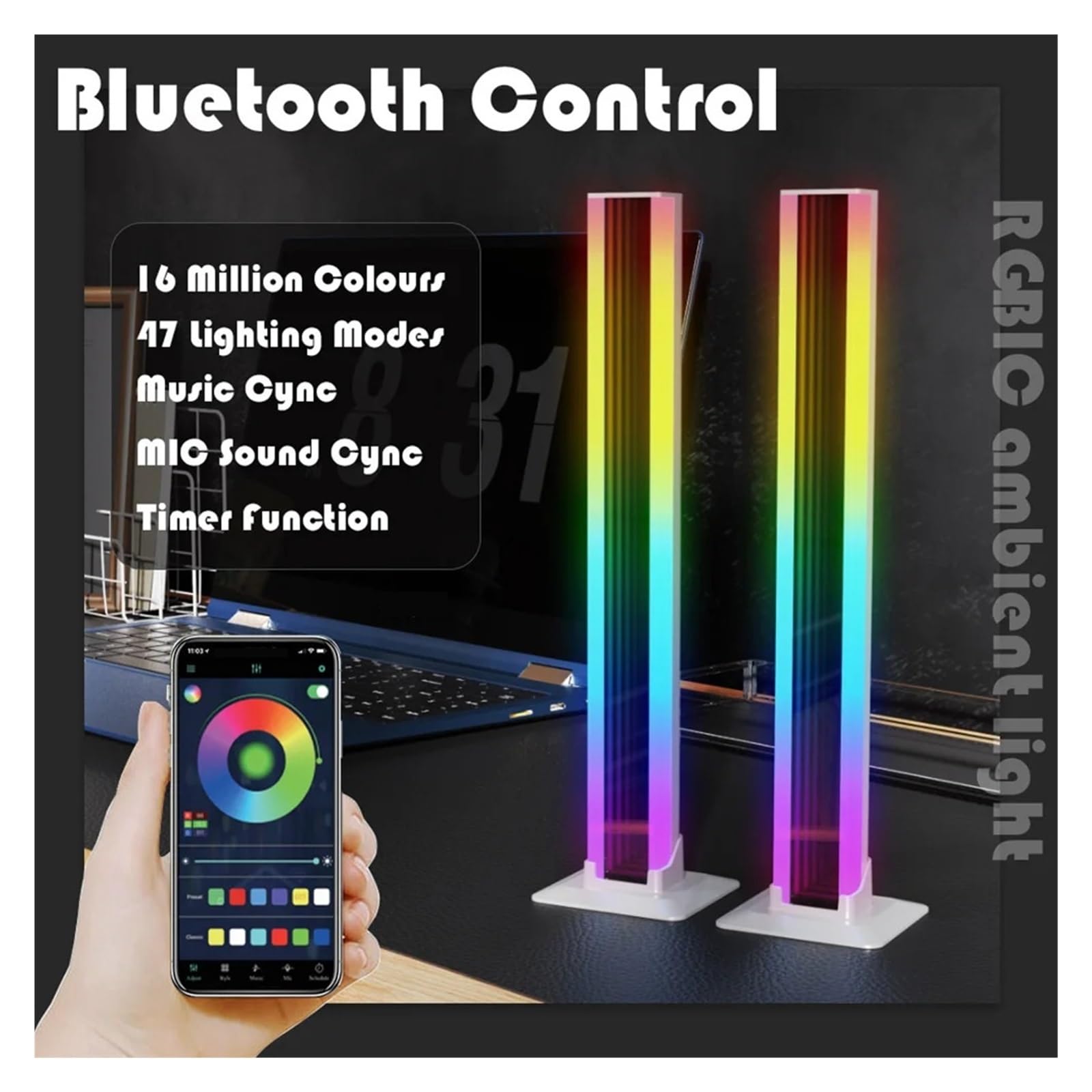 Lampa Stojąca Światło LED RGB Para Wystrój Pokoju Lampa Otchłań Bluetooth Nocne Oświetlenie Otoczenia Pulpit Nastrojowe Do Telewizora Gry Komputerowe Prezent Na Boże Narodzenie(Black)