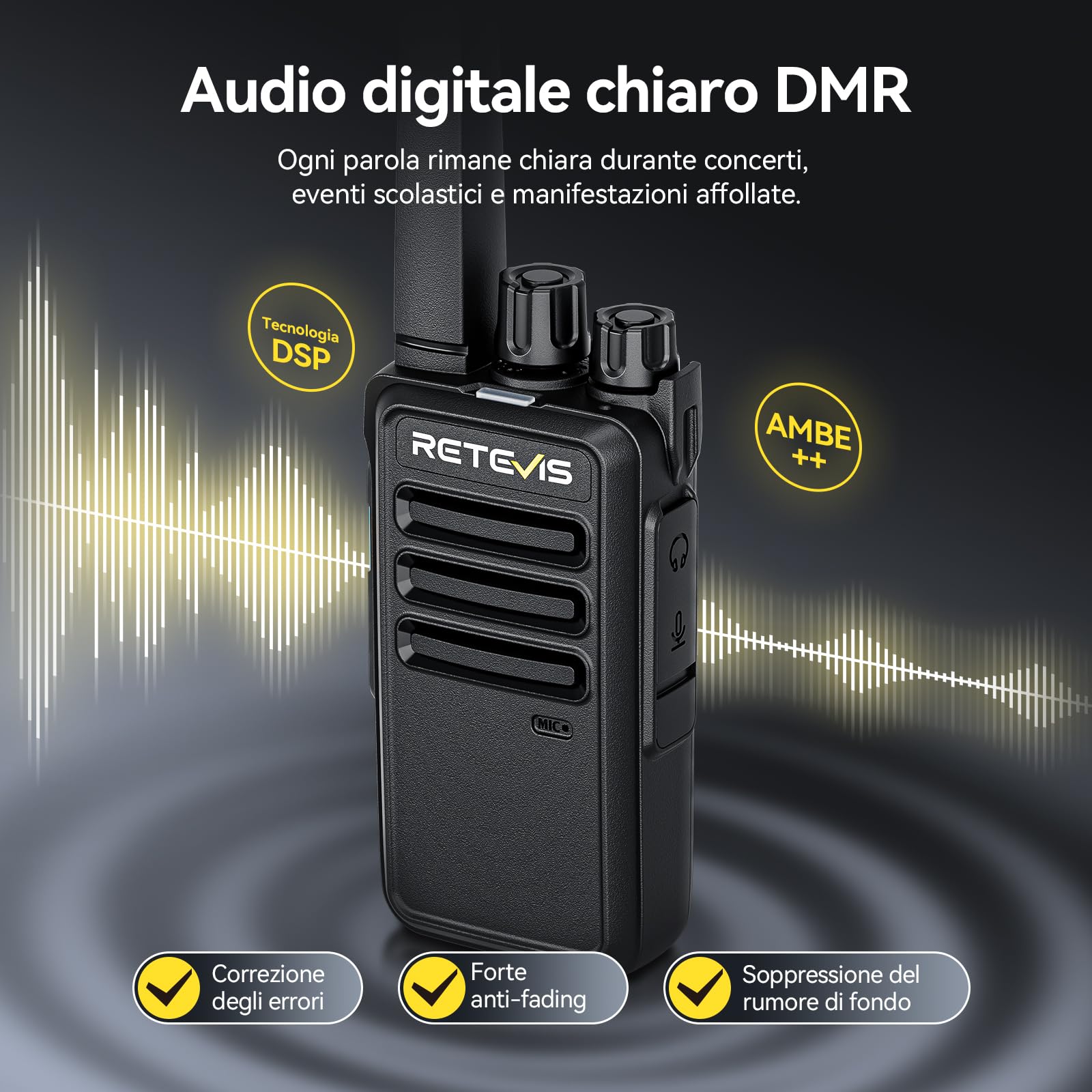 Retevis RT668D Walkie Talkie DMR Professionali, Ricetrasmittenti PMR446 Senza Licenza, 256 Canali, Ricarica 2000mAh Tipo-C, Chiamata di Gruppo, Wolky Toki per Sicurezza e Hotel (confezione da 4)