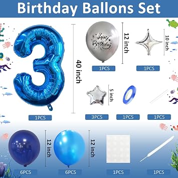 40 Inch Blue Number 3 Balloon with Happy Birthday Metallic Foil and Star - Self Inflating Helium for Boys Mens Birthday Party Decorations Anniversary