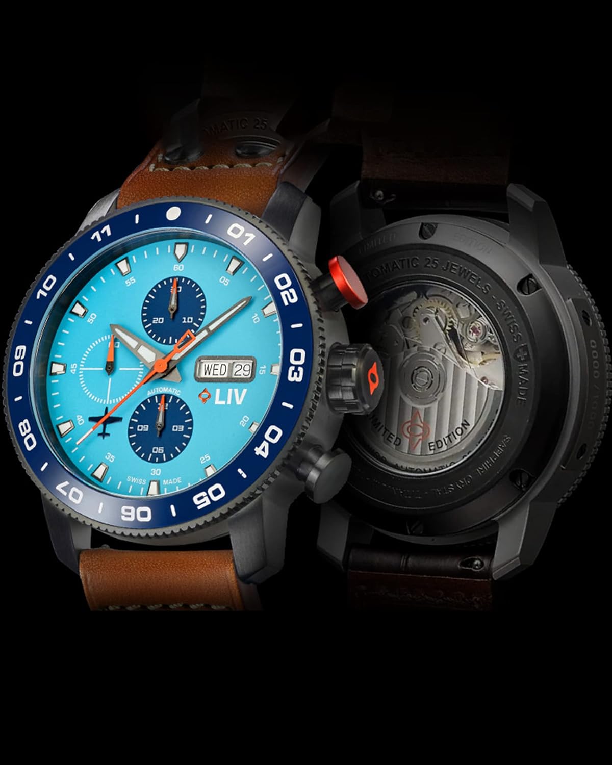 LIV P-51 Big Pilot - Titanium 46MM Swiss Automatic Day-Date Chrono Watch - Unidirectional Ceramic Bezel- High-Grade Titanium Case - Sapphire Crystal