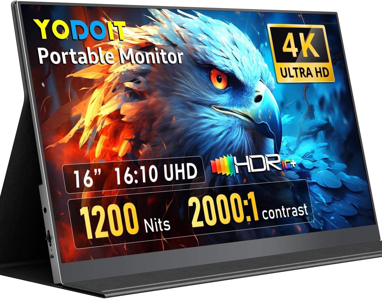 Yodoit Monitor portátil de 16 pulgadas 4K 3840 x 2400 UHD 1200 Nits con cubierta inteligente, pantalla IPS con tipo C, Mini-HDMI, altavoces integrados, compatible con PC, portátil, MacBook, PS3/4/5