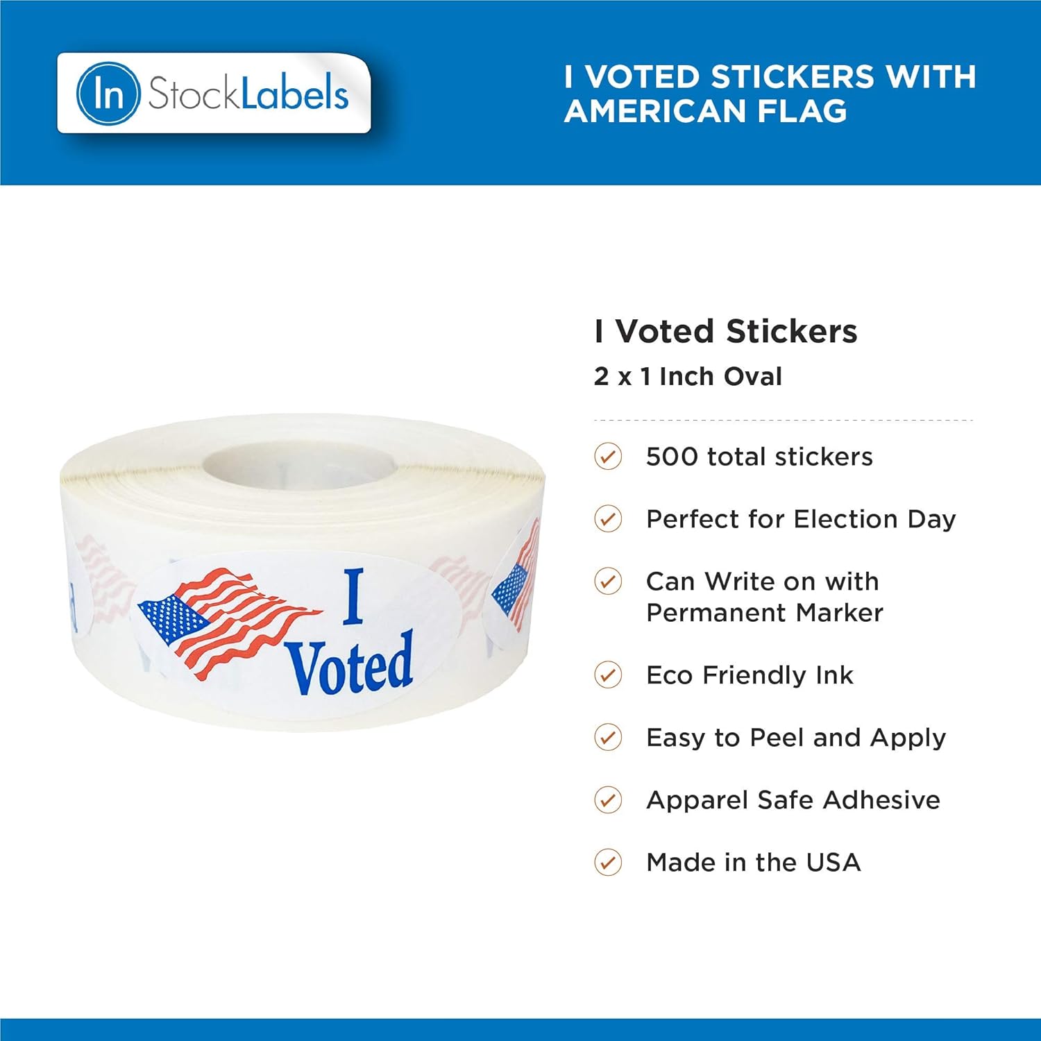 I Voted Stickers with American Flag, 2 x 1 Inches, 500 Adhesive Labels - Patriotic Election Day Vote Stickers for Voter Locations and Polling Stations